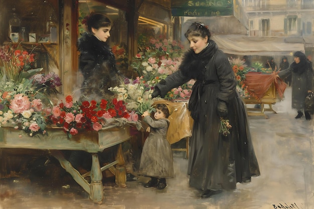 Foto retrato de uma mulher com uma criança escolhendo um buquê em uma florista