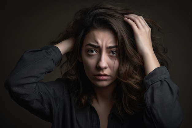 Retrato de uma mulher com uma expressão tensa e mãos mexendo nervosamente com suas roupas