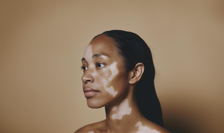 Foto retrato de uma mulher com vitiligo mostrando pigmentação facial distinta contra a pele lisa