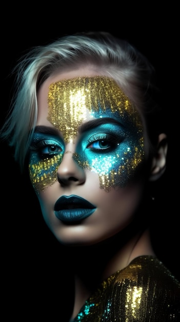 Foto retrato de uma mulher completamente coberta de maquiagem glitter azul e dourada