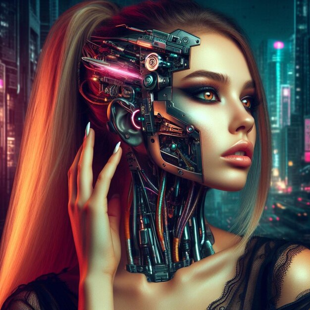 Retrato de uma mulher da era cyberpunk