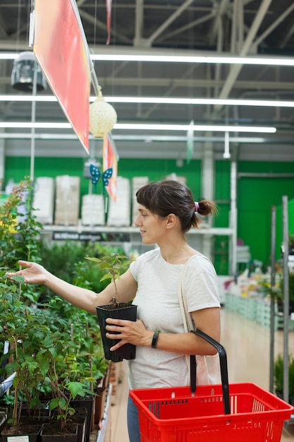 Retrato de uma mulher de 30 anos em um supermercado perto do departamento com flores em vasos de flores