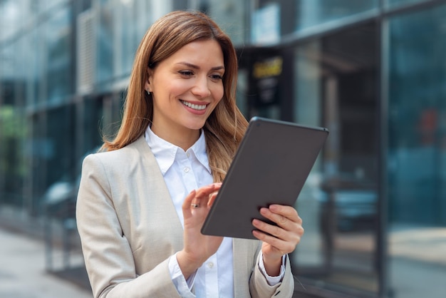 Retrato de uma mulher de negócios de sucesso usando Tablet Digital