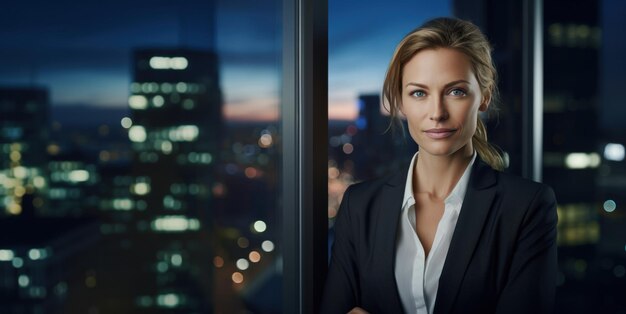 Retrato de uma mulher de negócios em frente a uma janela com vista para a cidade