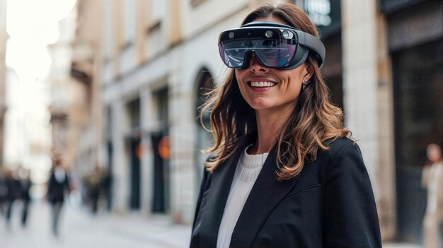 Retrato de uma mulher de negócios morena sorrindo e usando um capacete de realidade aumentada