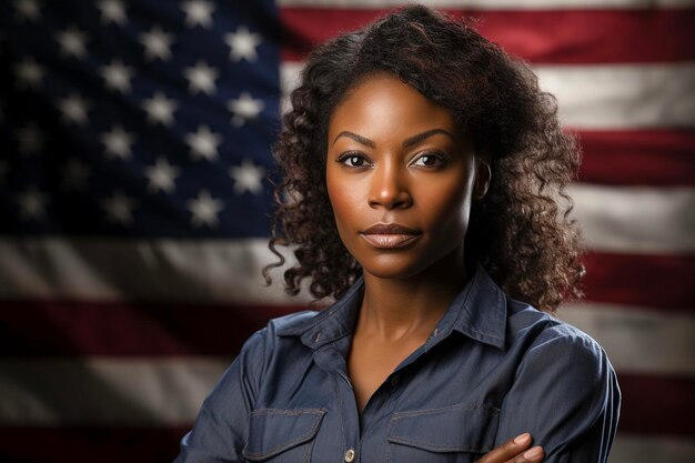 Retrato de uma mulher de negócios negra bem-sucedida e confiante de pé contra a bandeira dos EUA Conceito do Dia do Trabalho