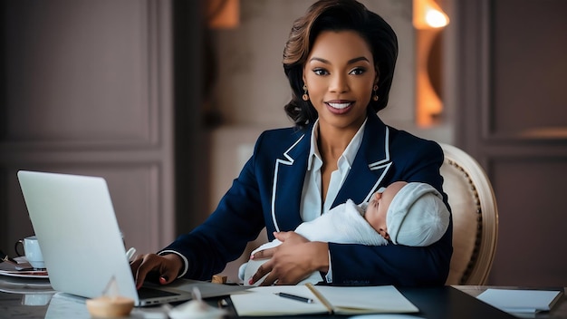 Retrato de uma mulher de negócios pensativa segurando seu bebê enquanto estava sentada à mesa e trabalhando