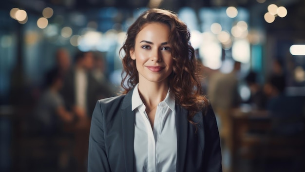 Foto retrato de uma mulher de negócios sorridente de pé com os braços cruzados no escritório criativo