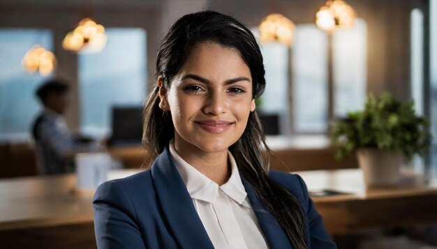 Retrato de uma mulher de negócios sorridente de pé no escritório e olhando para a câmera