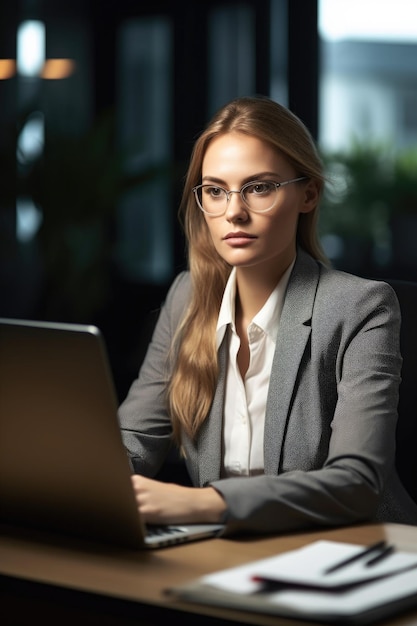 Retrato de uma mulher de negócios trabalhando em um laptop em um escritório criado com IA gerativa