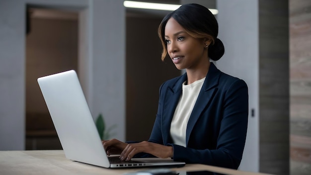 Retrato de uma mulher de negócios trabalhando em um laptop