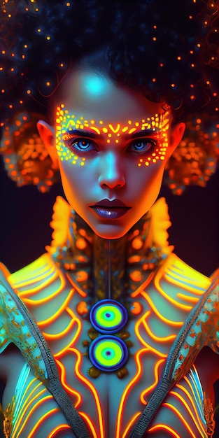 Retrato de uma mulher de néon bioluminescente de fantasia mística Glamourosa senhora elegante