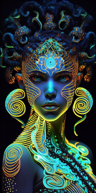 Retrato de uma mulher de néon bioluminescente de fantasia mística Glamourosa senhora elegante