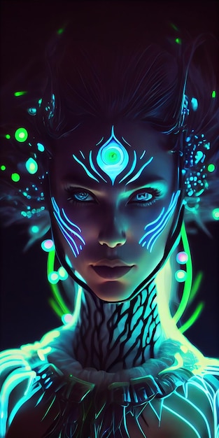 Retrato de uma mulher de néon bioluminescente de fantasia mística glamourosa senhora elegante