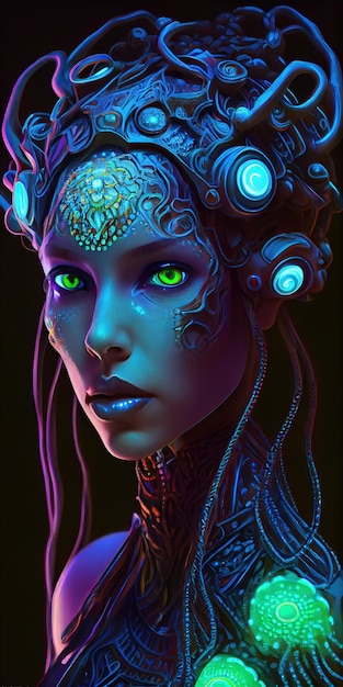 Retrato de uma mulher de néon bioluminescente de fantasia mística Glamourosa senhora elegante
