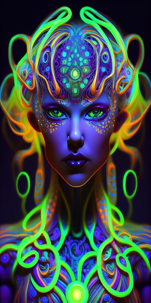 Retrato de uma mulher de néon bioluminescente de fantasia mística Glamourosa senhora elegante