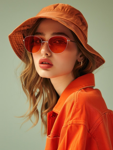 Retrato de uma mulher elegante com camisa laranja, óculos de sol e chapéu posando para uma foto em um dia ensolarado