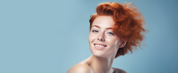 Retrato de uma mulher elegante e sensual sorridente com pele perfeita e cabelo vermelho curto em um backg azul claro