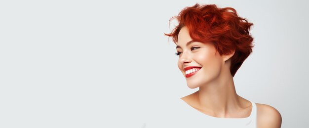 Retrato de uma mulher elegante, sexy e sorridente com pele perfeita e cabelo vermelho curto em um fundo branco