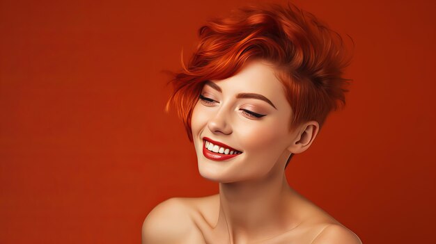 Retrato de uma mulher elegante, sexy e sorridente com pele perfeita e cabelo vermelho curto sobre um fundo vermelho.