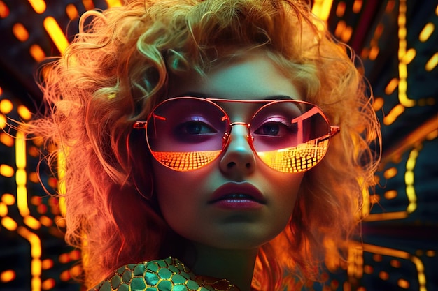 Retrato de uma mulher em estilo futurista com cores neon geradas por ai