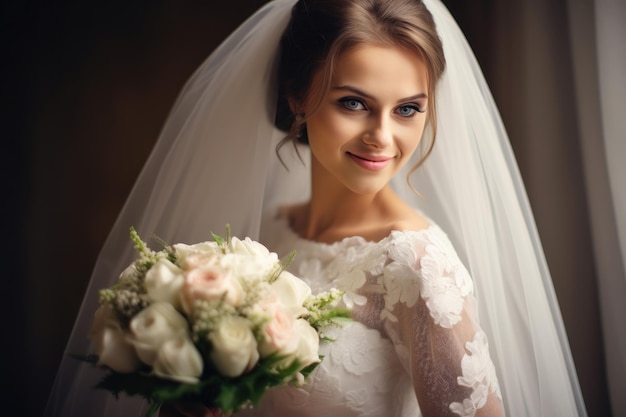 Retrato de uma mulher em um vestido de noiva Bela noiva segurando um buquê de flores posa e sorri