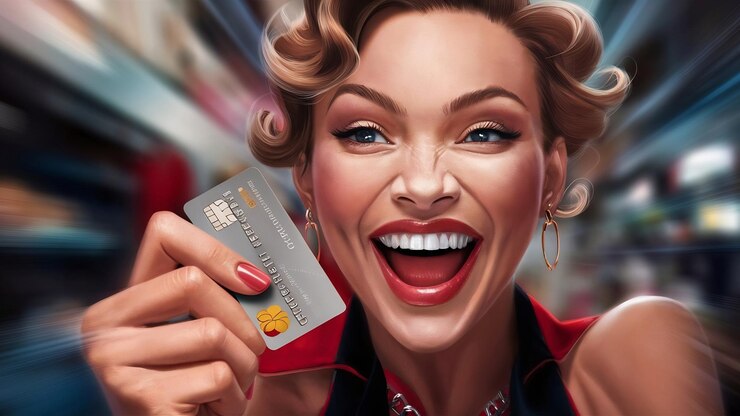 Foto retrato de uma mulher entusiasmada segurando um cartão de crédito