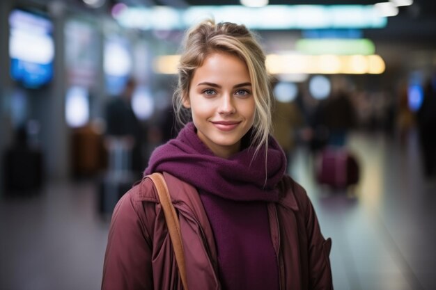 retrato de uma mulher esperando a partida no aeroporto gerado por IA