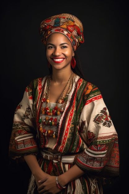 Retrato de uma mulher étnica sorridente em roupas tradicionais brasileiras com as mãos no quadril