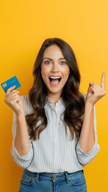 Retrato de uma mulher excitada mostrando um cartão de crédito
