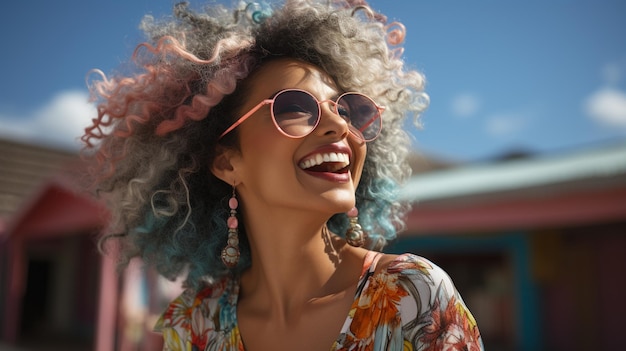 retrato de uma mulher feliz com óculos de sol