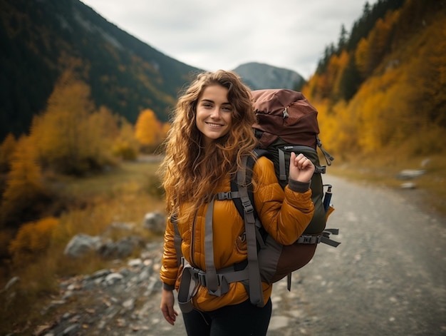 Retrato de uma mulher feliz de mochila caminhando em uma bela montanha em um dia de outono mochila de aventura para viajar