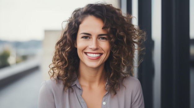 retrato de uma mulher feliz de pé em frente à parede