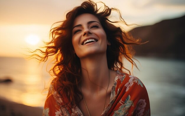 Foto retrato de uma mulher feliz e sorridente com um belo fundo de ia