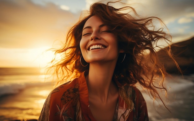 Foto retrato de uma mulher feliz e sorridente com um belo fundo de ia