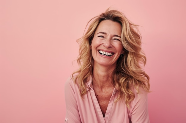 Retrato de uma mulher feliz rindo em fundo rosa