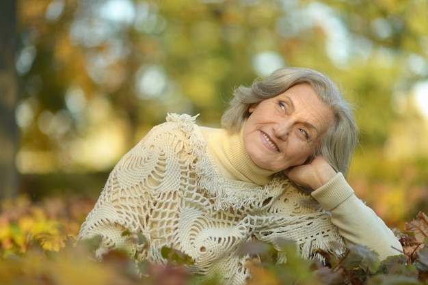 Retrato de uma mulher feliz sênior no parque outono