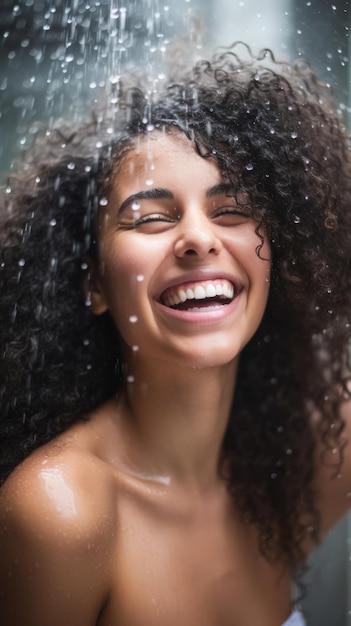 Retrato de uma mulher feliz tomando banho IA generativa