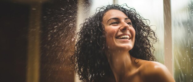 Retrato de uma mulher feliz tomando banho IA generativa