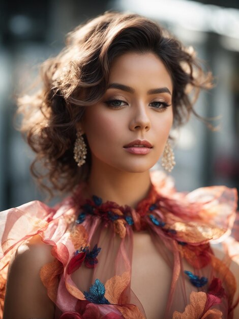 Retrato de uma mulher graciosa em um exquisito vestido de organza