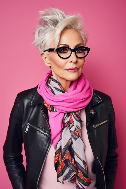 Foto retrato de uma mulher hipster de 60 anos de idade em fundo rosa