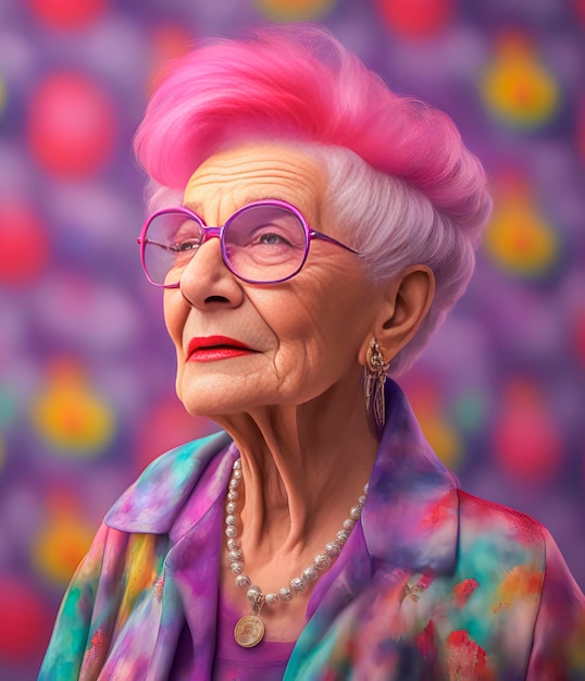 Retrato de uma mulher idosa ativa, brilhante, extravagante e feliz.