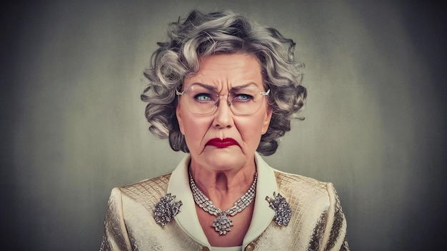 Foto retrato de uma mulher idosa com cabelos encaracolados, zangada, estrabiscando o rosto e parecendo infeliz, expressando emoções negativas.