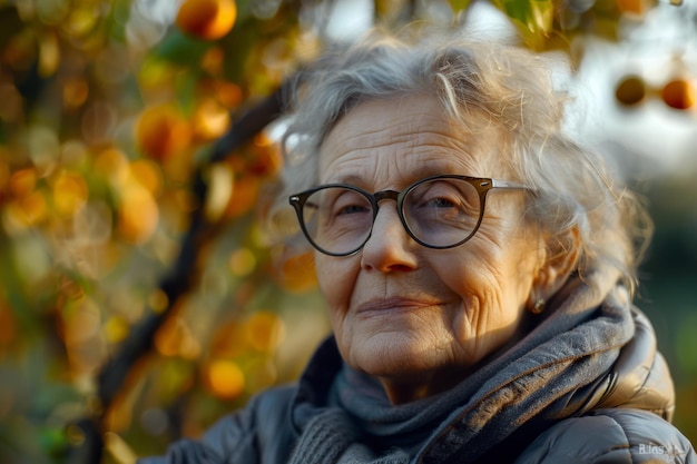 Foto retrato de uma mulher idosa com óculos em um fundo de outono