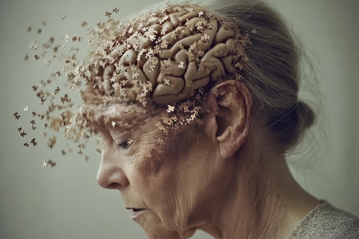 Foto retrato de uma mulher idosa com um cérebro em decomposição representando visualmente a perda de memória da demência e t