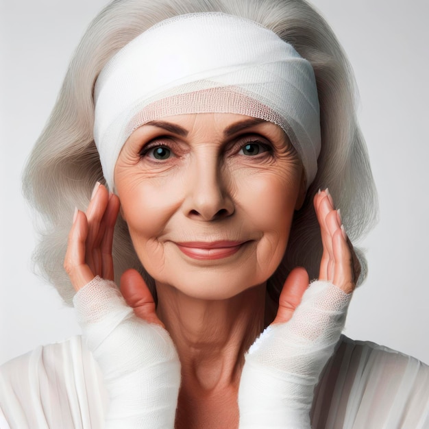 Retrato de uma mulher idosa com um curativo branco na cabeça isolado em um fundo branco sólido ai generativo