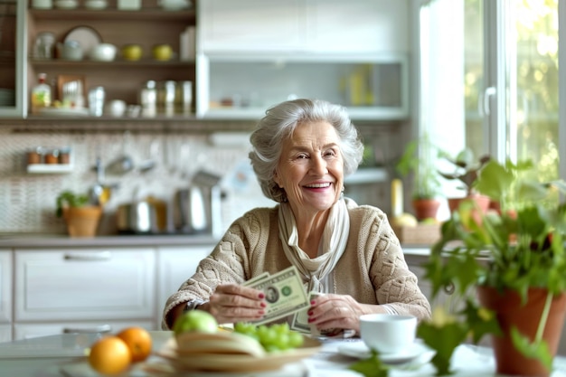 Retrato de uma mulher idosa contando dinheiro em sua cozinha Velhice feliz prosperidade vida aposentada