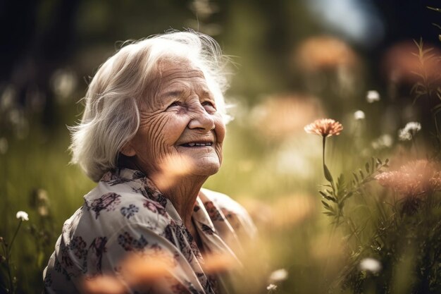 Retrato de uma mulher idosa desfrutando do ar livre criado com IA generativa