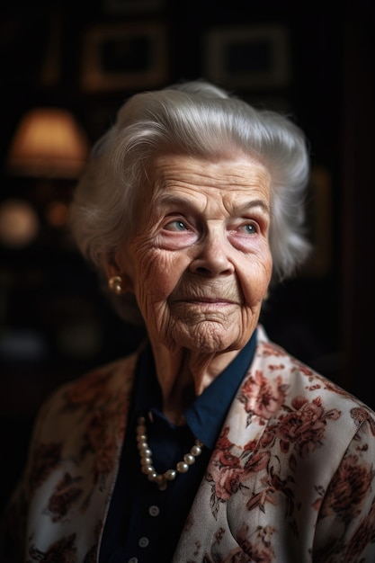 Retrato de uma mulher idosa em sua casa criada com IA generativa