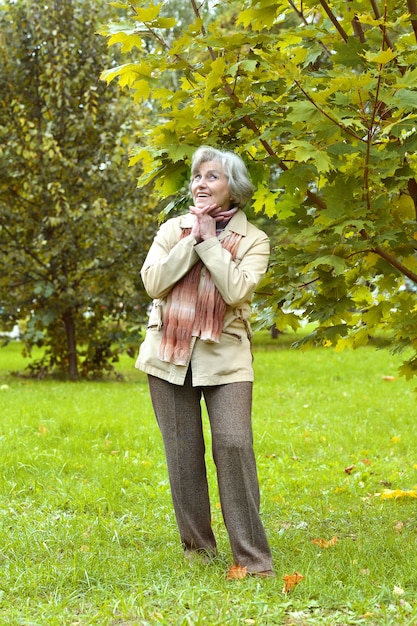 Retrato de uma mulher idosa em um passeio no parque no final da primavera